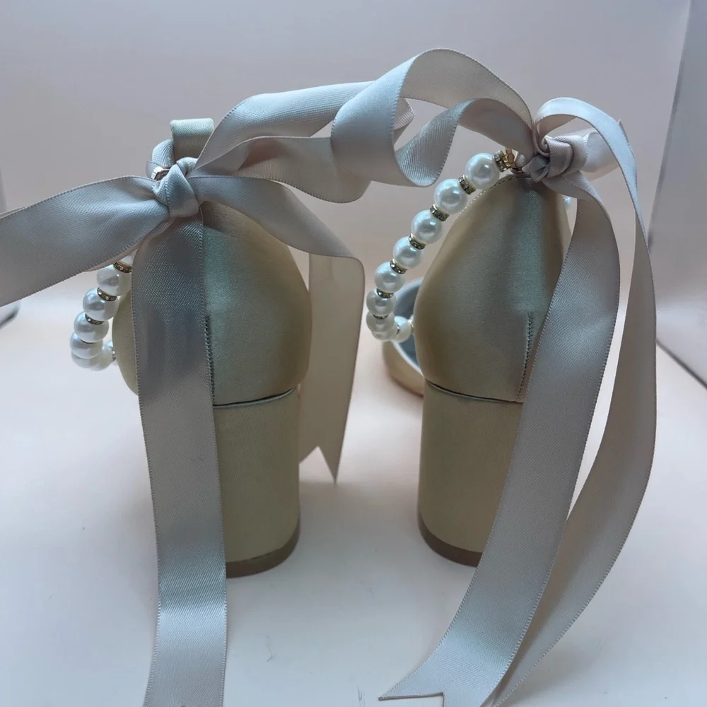 Champagne Satin Block Heels w/ Pearl Ankle Strap • EU 37 (US 6.5–7)